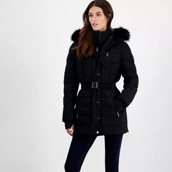 NWT Michael Michael Kors Women’s Belted Bibbed Hooded Puffer Coat - Black - Picture 2 of 16